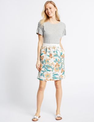 Linen Rich Floral Print Straight Midi Skirt